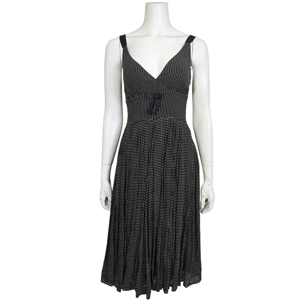 Jacob Silk Polka Dot Midi Dress XS Empire Waist Pleated Black White Balletcore